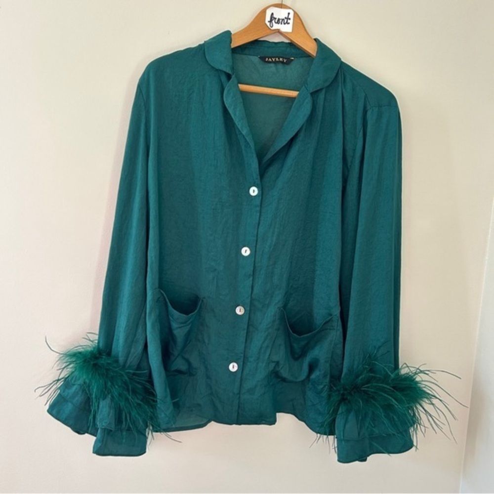 Jayley 20% silk blouse layered bell sleeves feathers no tag fits sz XL see info